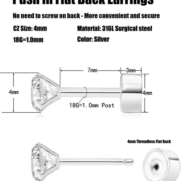 Silver 4mm Hypoallergenic Cubic Zirconia Stud Earrings for Women and Men - Picture 4 of 9